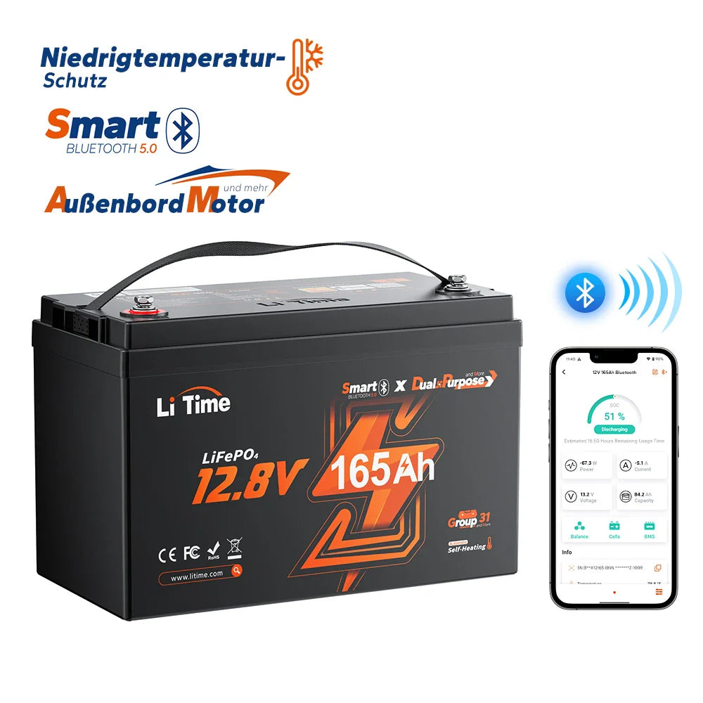 LITIME 12V 165AH DUAL PURPOSE MARINE LIFEPO4 BATERIJA Z BLUETOOTH IN SAMODEJNIM OGREVANJEM